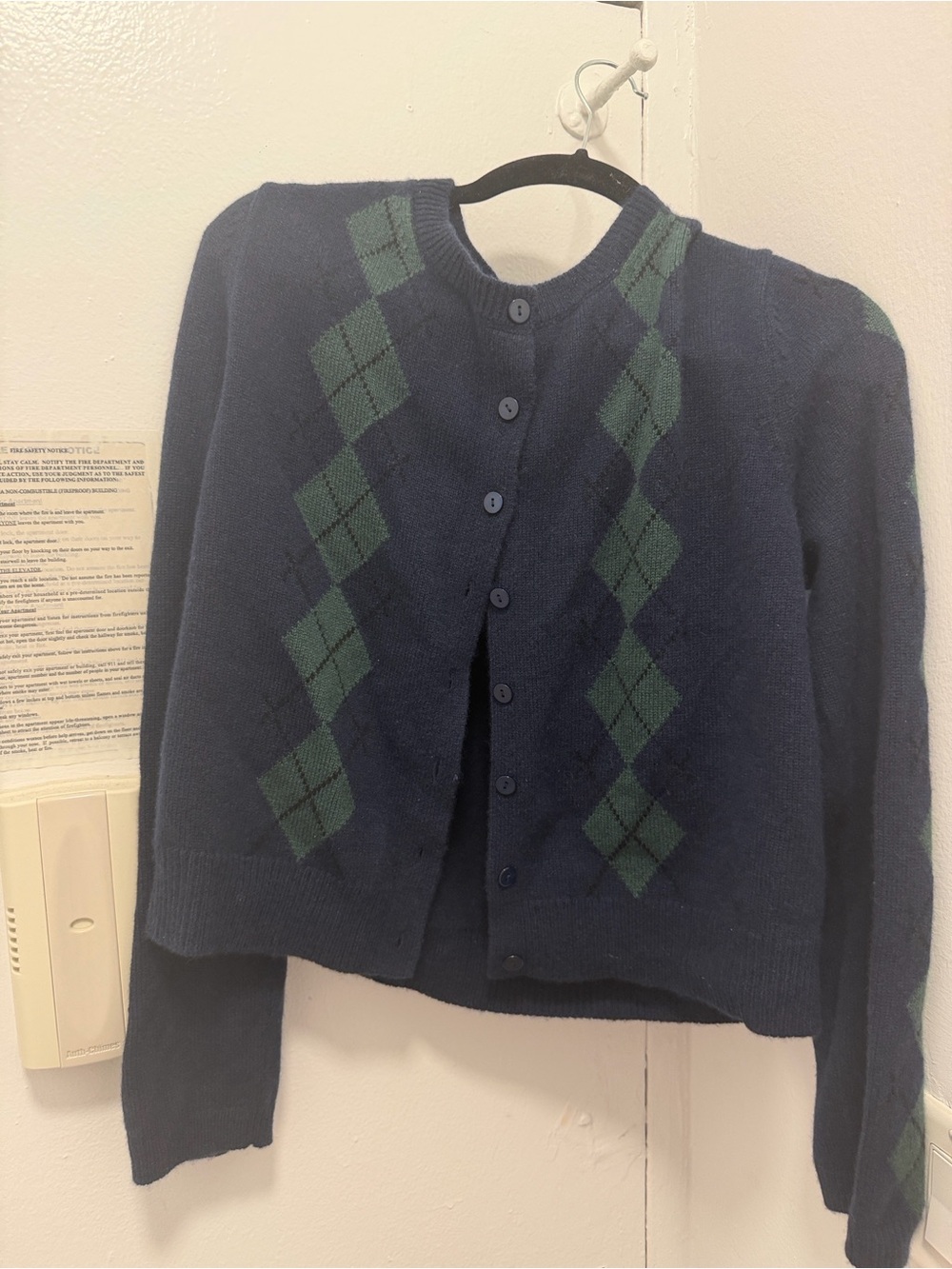 Reformation Navy and Green Argyle Button Cardigan